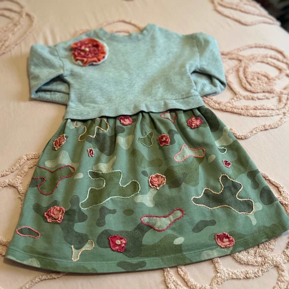 Upcycled 5T Embroidered Carter's Gray & Camouflage Sweatshirt Dress 🌸